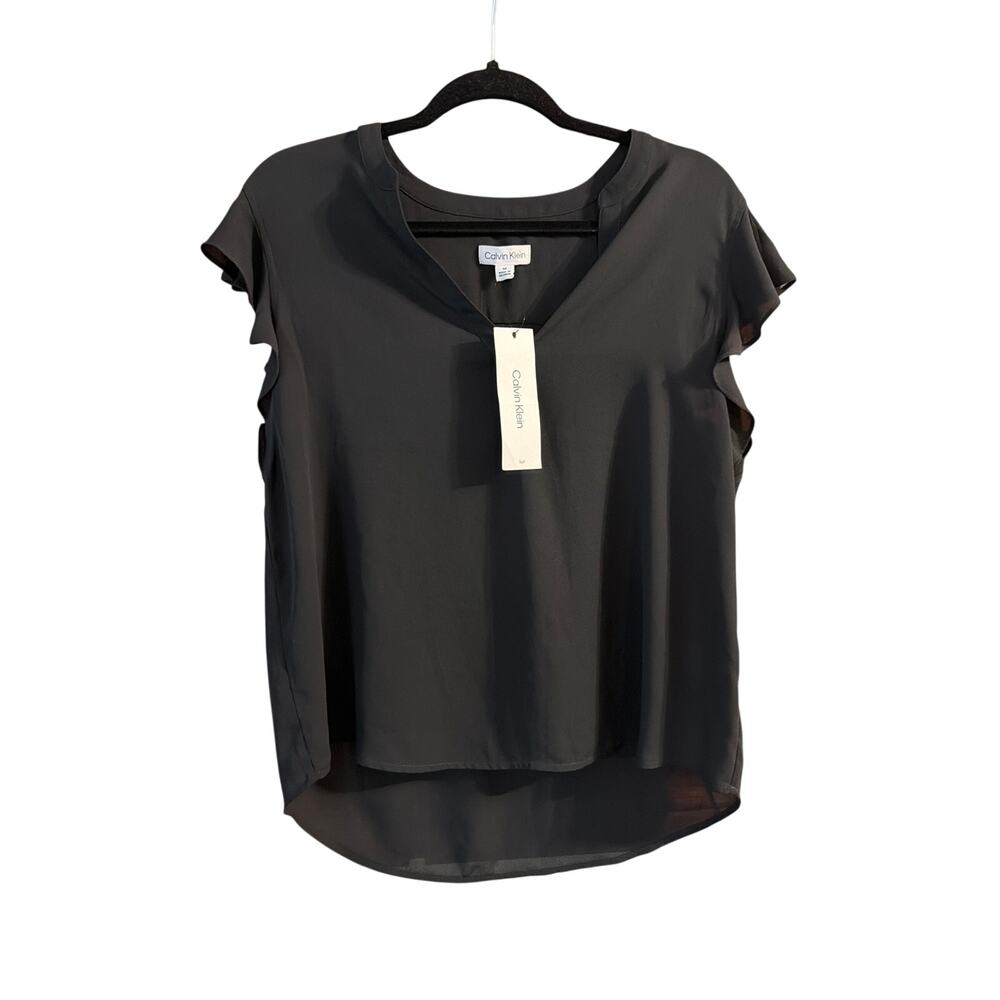 Calvin Klein Women's Black V-Neck Flutter Cap Sleeve Blouse Size Medium MD New